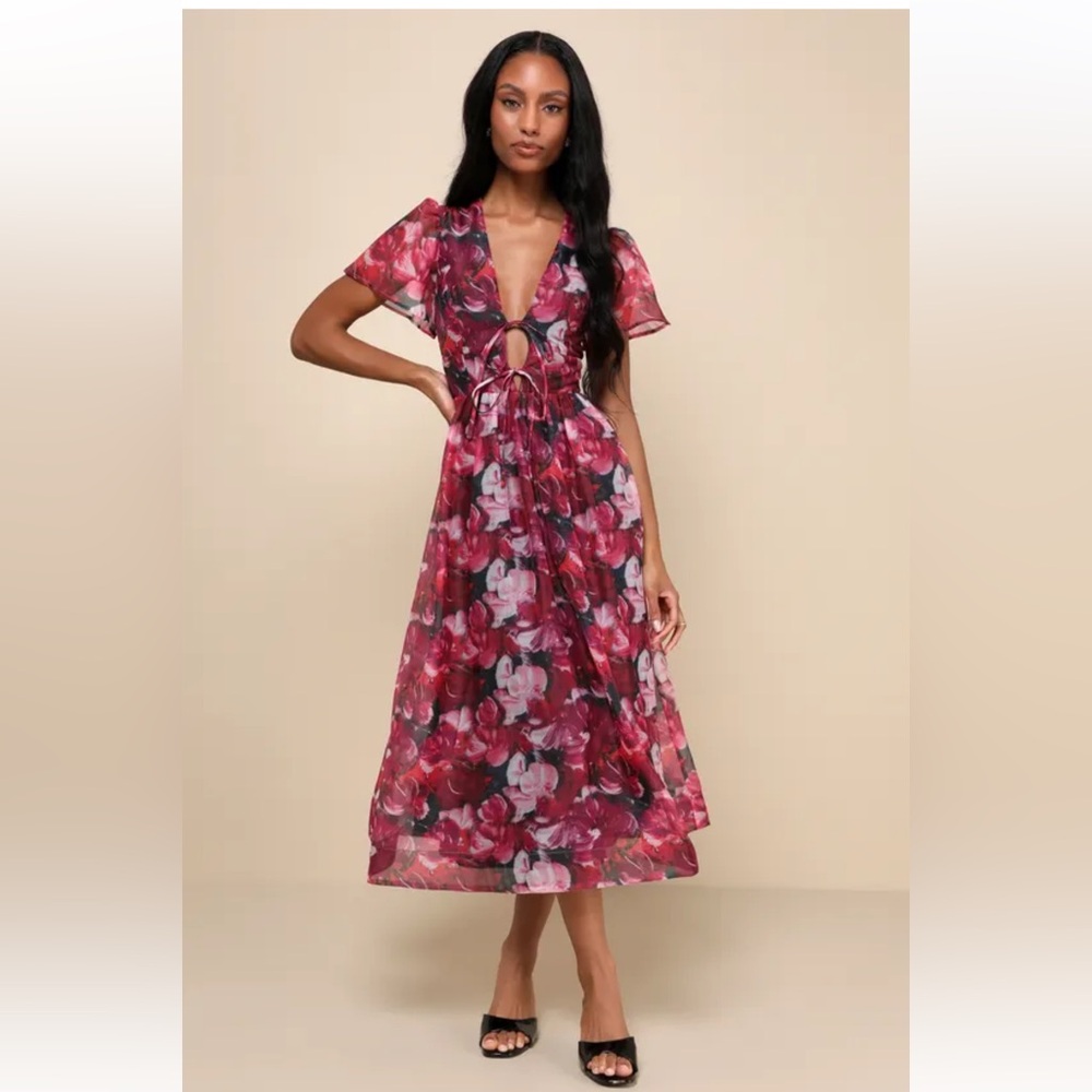 NWT Lulu's Favorite RSVP Magenta Floral Organza Tie Front Lined Midi Dress